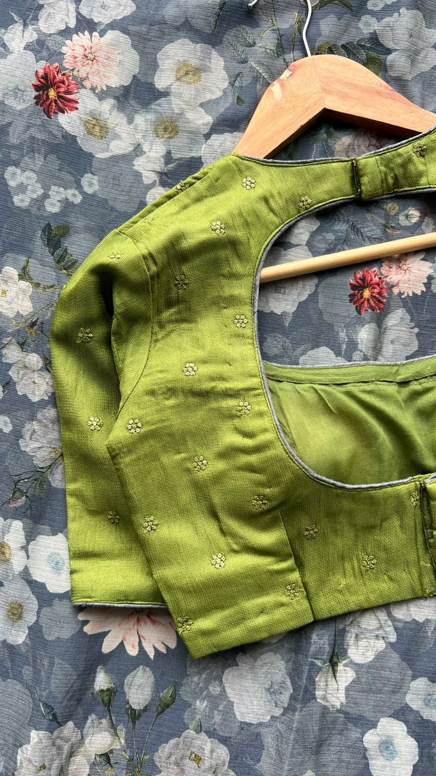 Green soft jute embroidered blouse (only blouse