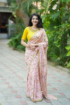 Yellow silk JEWEL NECK hand work blouse