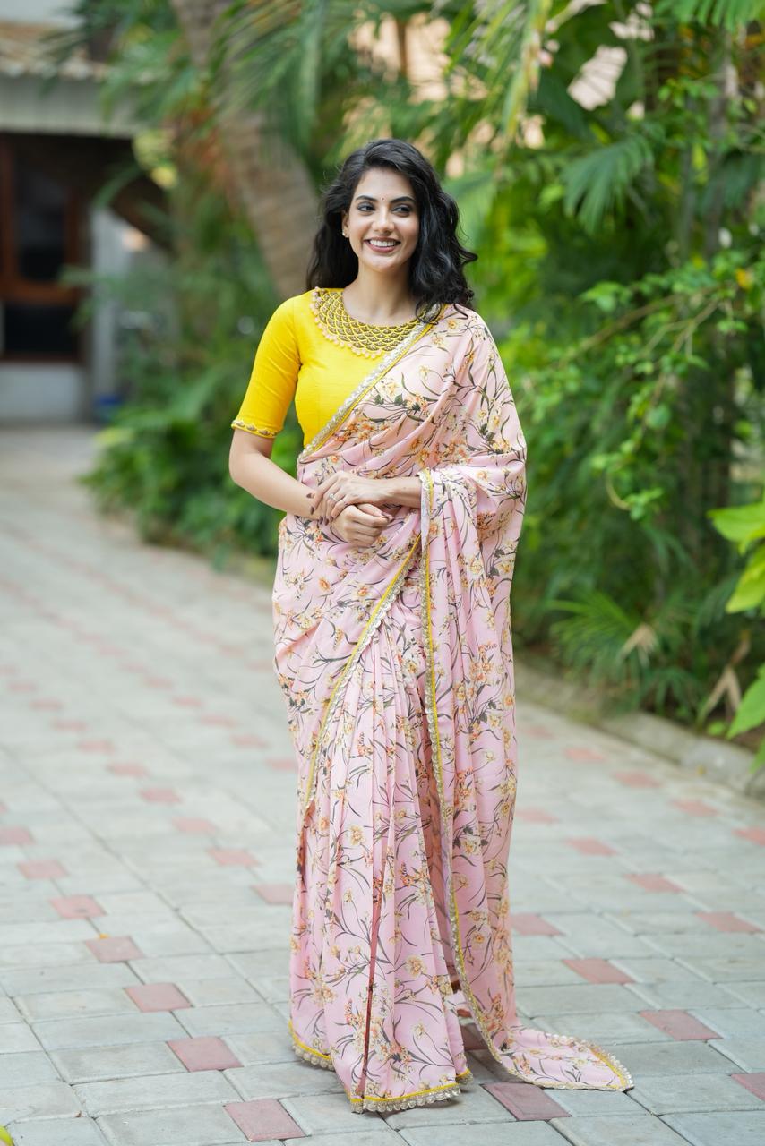 Peach georgette saree with silk hand work blouse