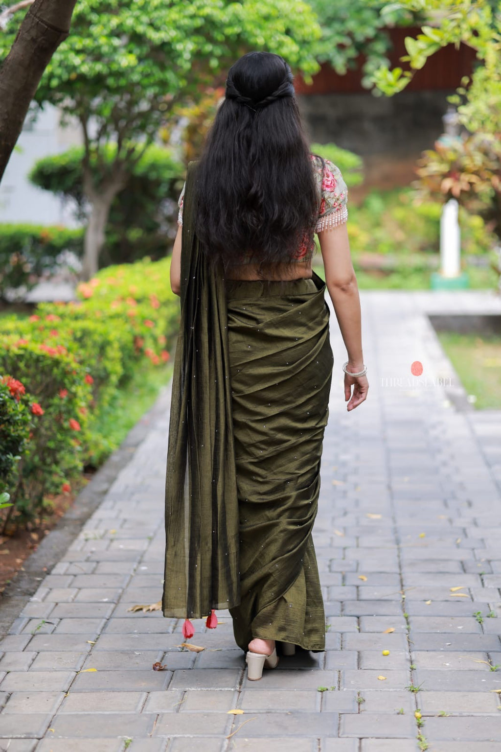 Bottle green Marble Saree with Handwork Blouse