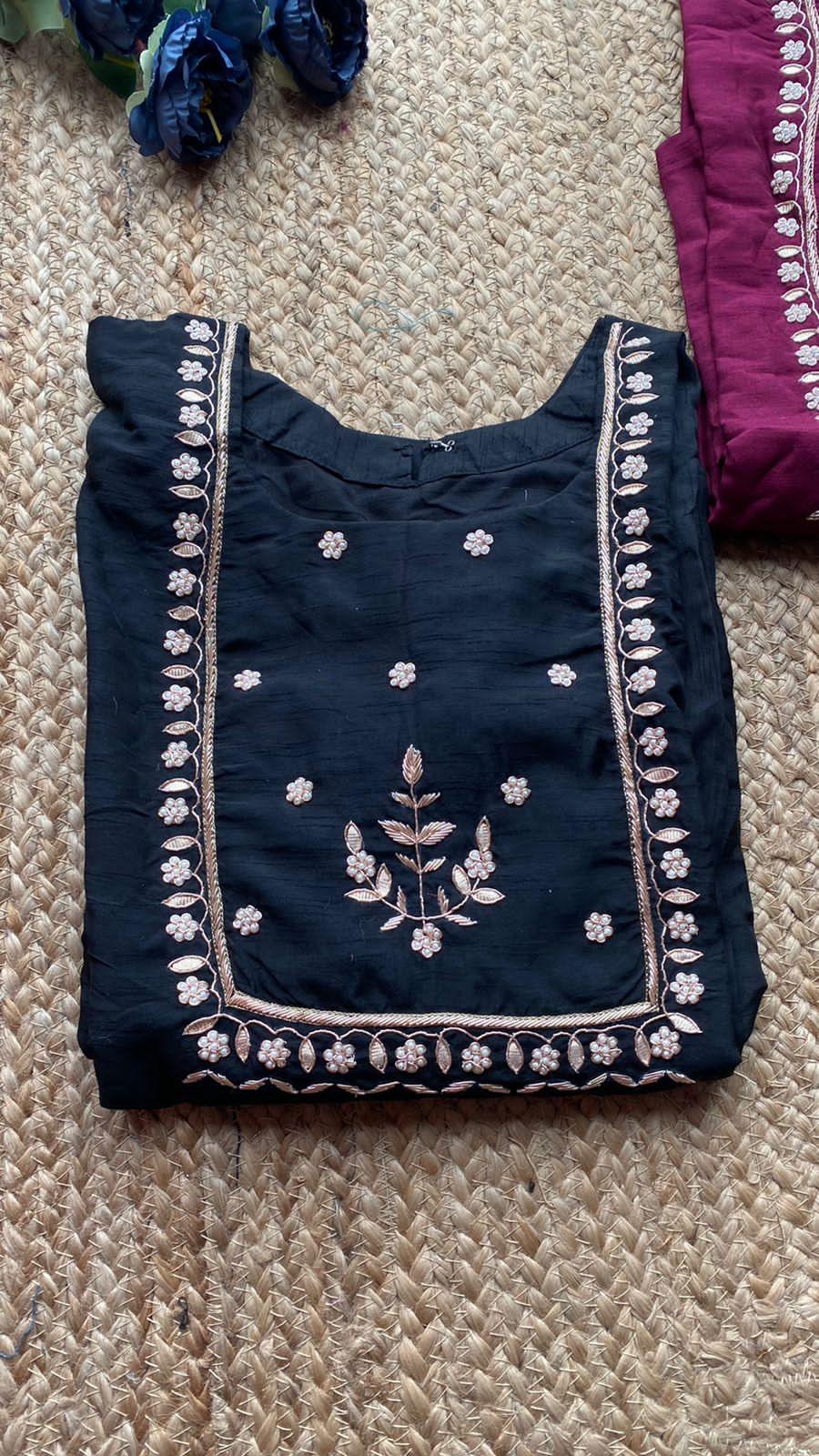 Black silk hand work embroidery 3 piece kurti set - Threads