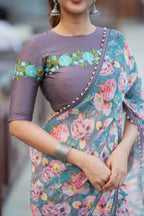 Blue floral georgette saree with grey embroidery blouse