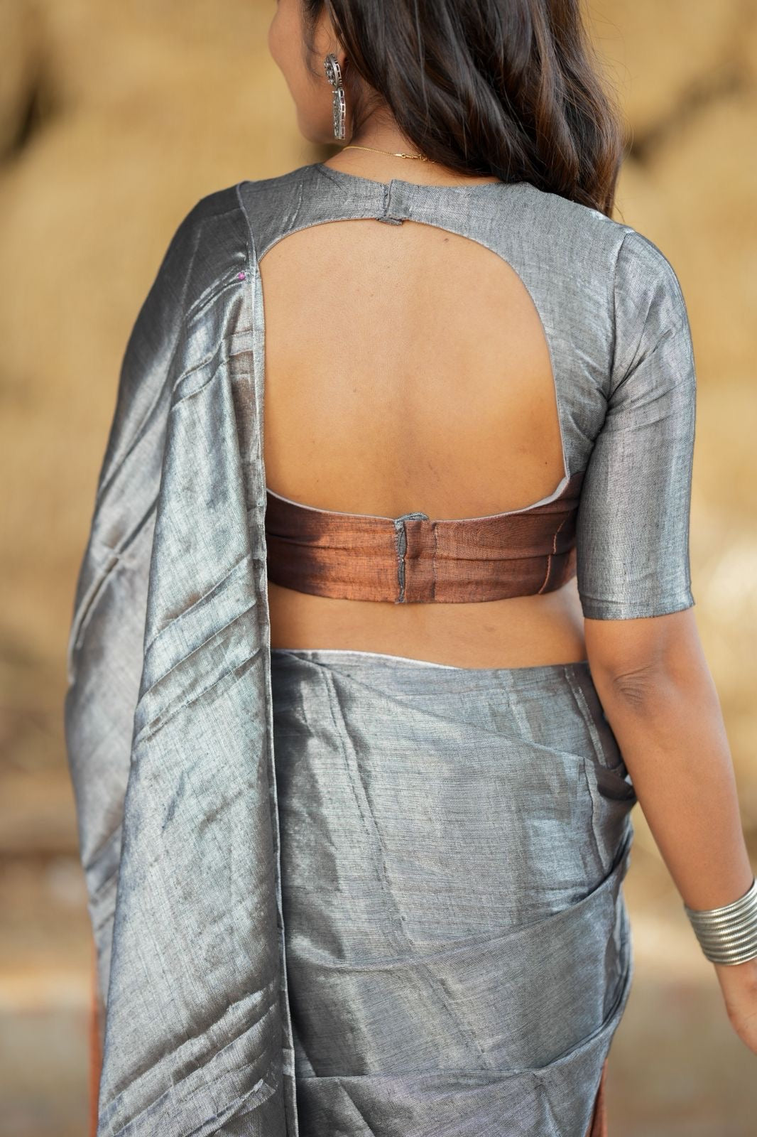 Silver grey brown soft tissue saree with handwork blouse