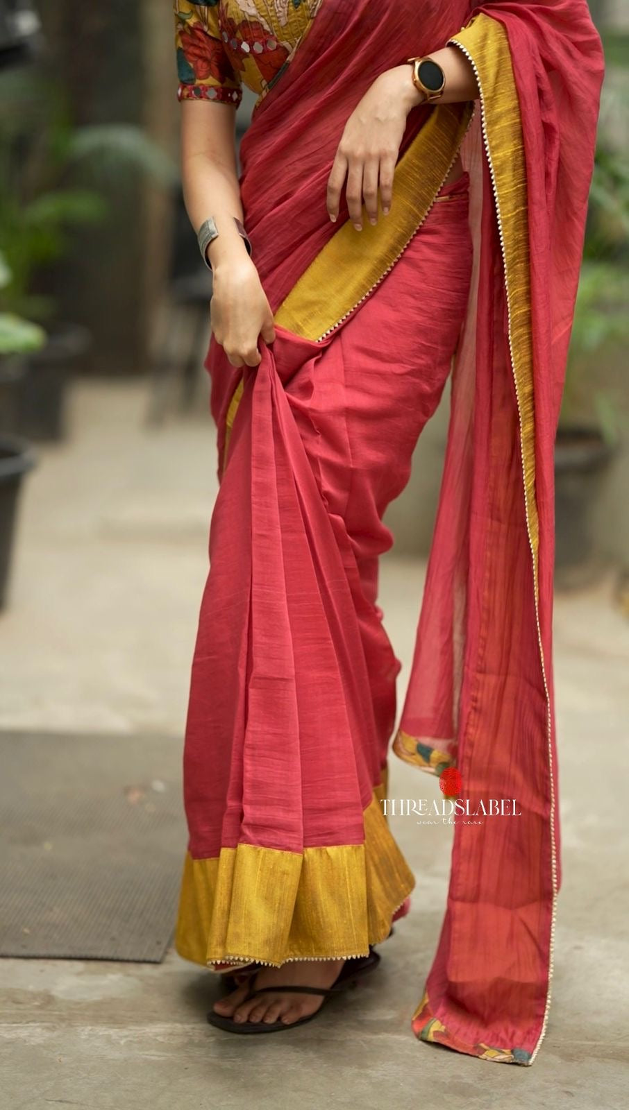 Maroon mul cotton saree with kalamkari mirror blouse