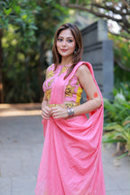 Pink mul chanderi saree with handwork blouse