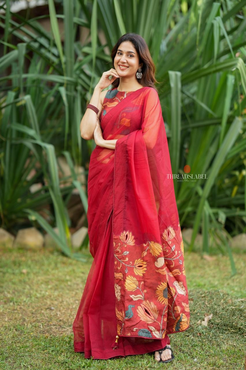 Maroon soft organza saree with kalamkari blouse
