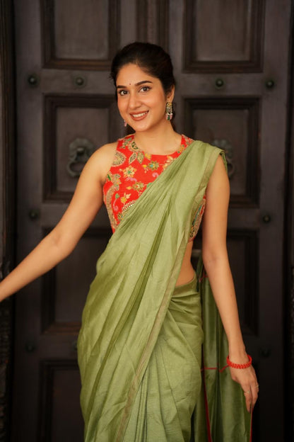 Green marble silk saree with heavy embroidery blouse