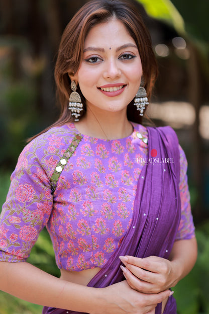 Purple mul chanderi saree with mirror work blouse