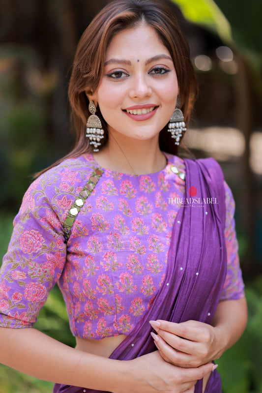 Purple mul chanderi saree with mirror work blouse