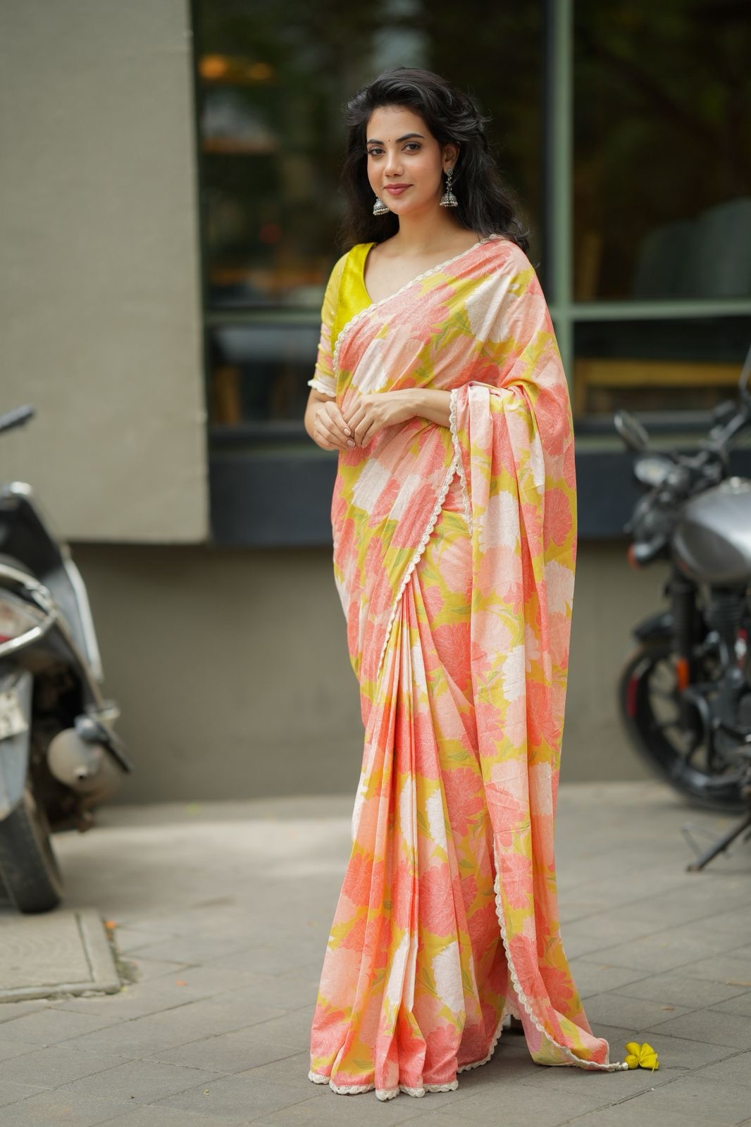 Lime yellow silk & netted hand work blouse (only blouse)