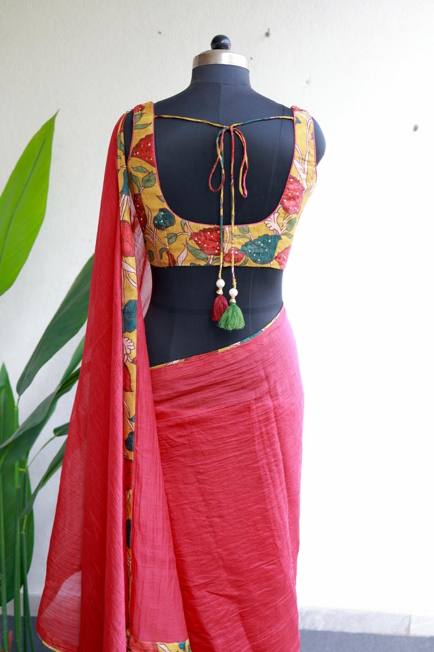 Red chanderi cotton saree with kalamkari handwork blouse
