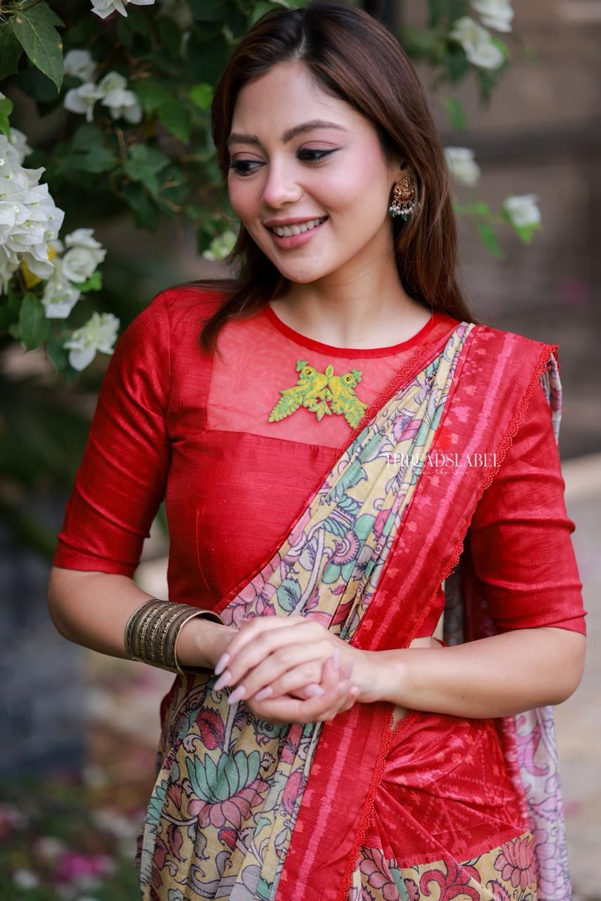 Fenu red kalamkari silk saree with embroidery blouse