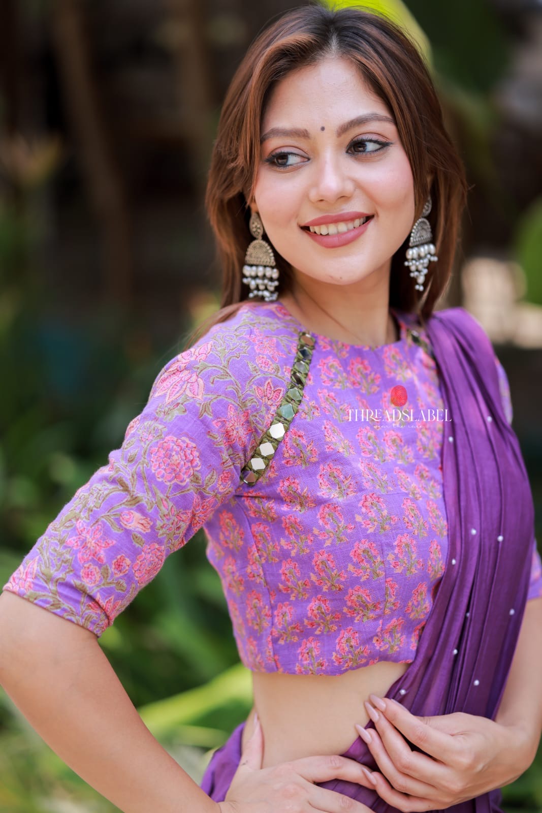 Purple mul chanderi saree with mirror work blouse