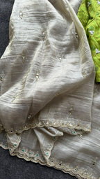Silver grey tissue mirror work saree with ikkat blouse