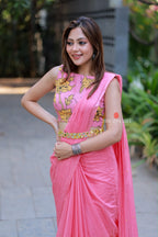Pink mul chanderi saree with handwork blouse
