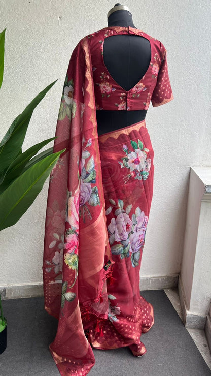 Brown kota floral saree with blouse