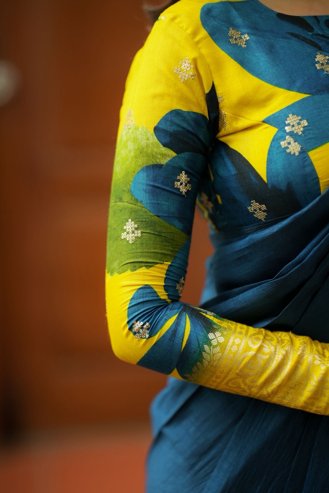 Deep blue marble silk saree with embroidery blouse