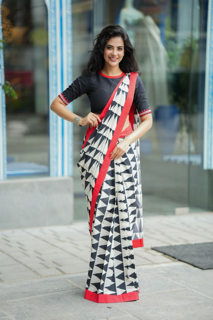 Black & white triangle saree with black hand work blouse