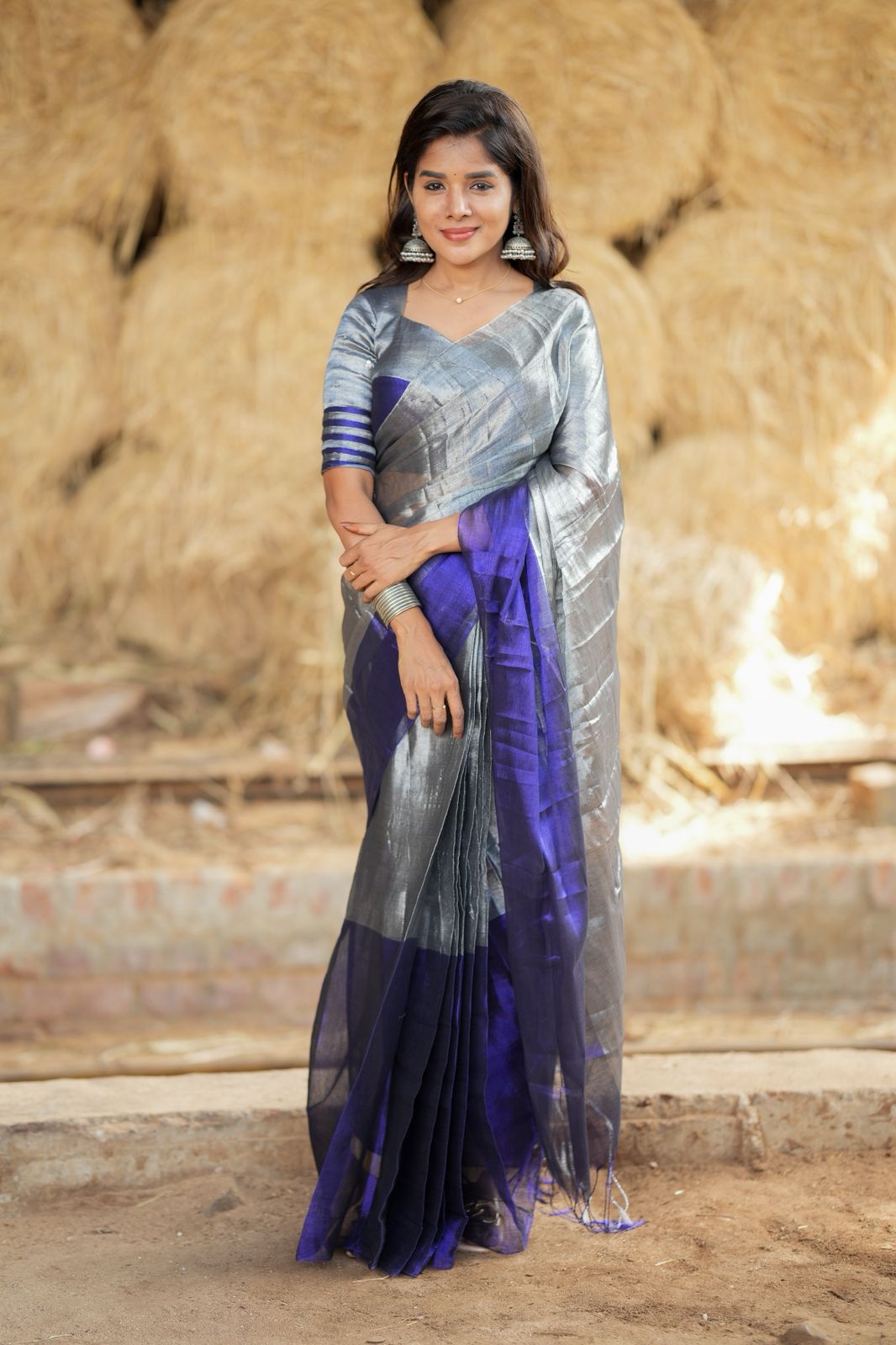 Silver grey blue soft tissue saree with handwork blouse