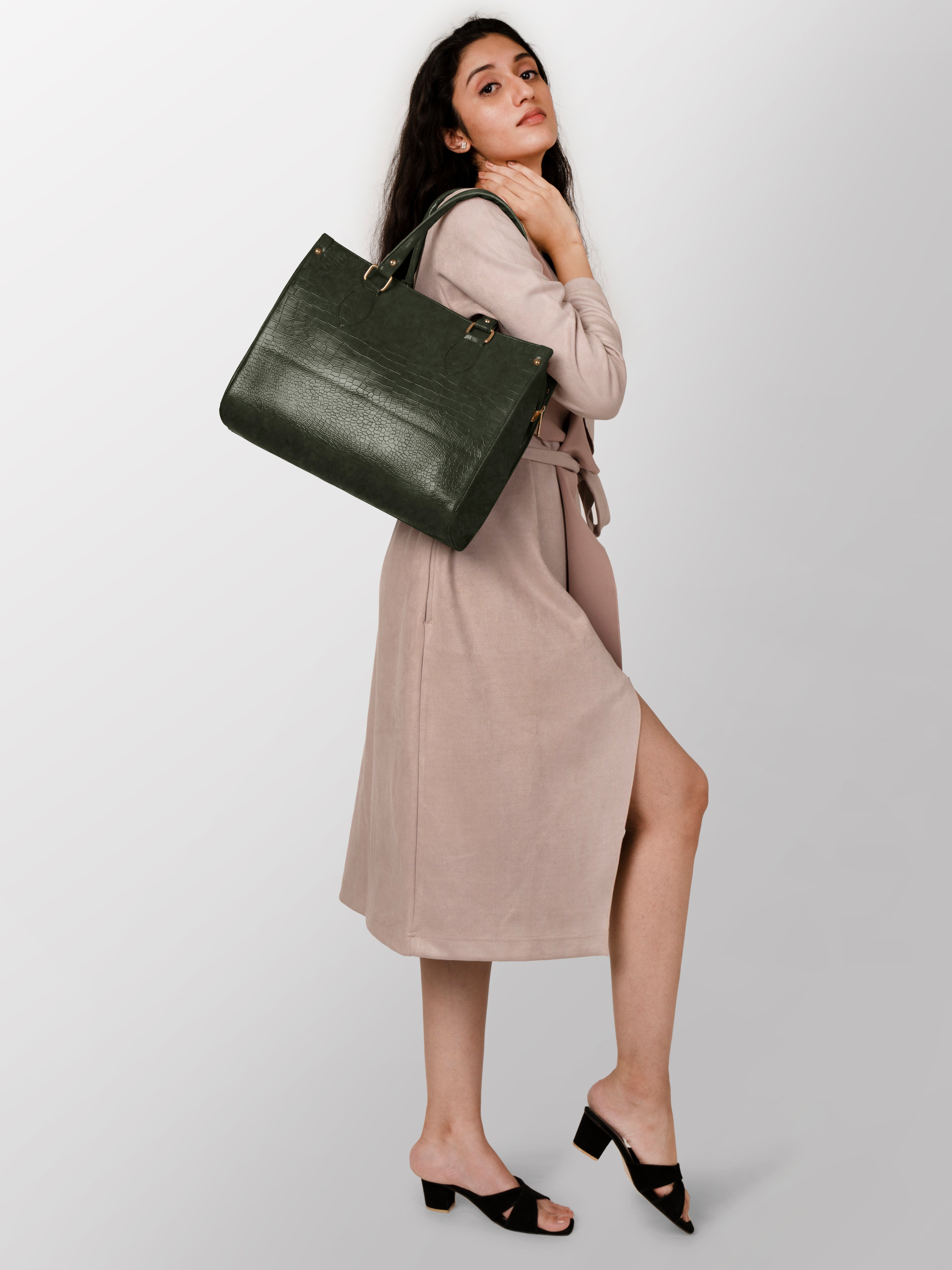 Women dark green solid textured office bag