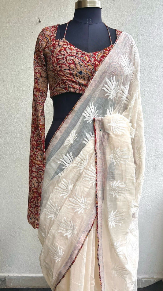 Cream soft floral chanderi saree