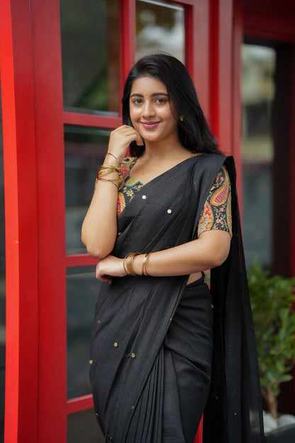 Black malai chanderi saree with heavy embroidery blouse