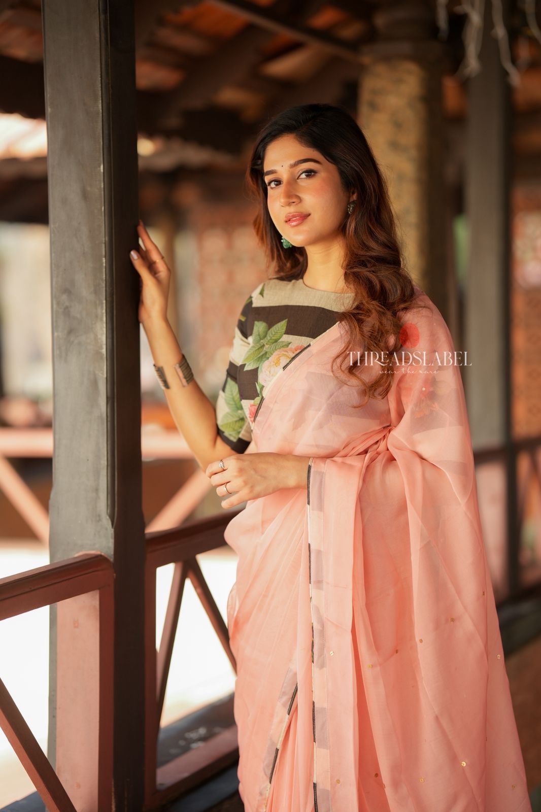 Peach organza saree with chanderi mirror blouse