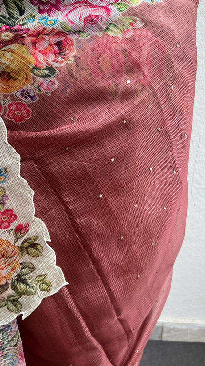 Peach floral kota doria saree with patterned blouse