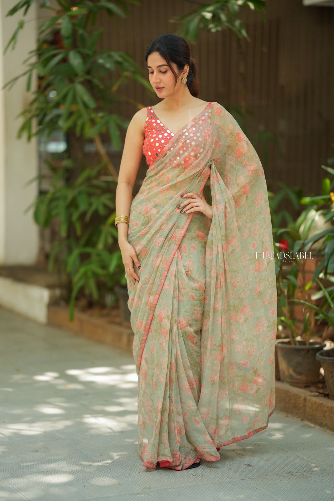 Red silk mirror hand work blouse (only blouse)