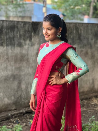 Pink marble silk saree with  embroidery blouseq