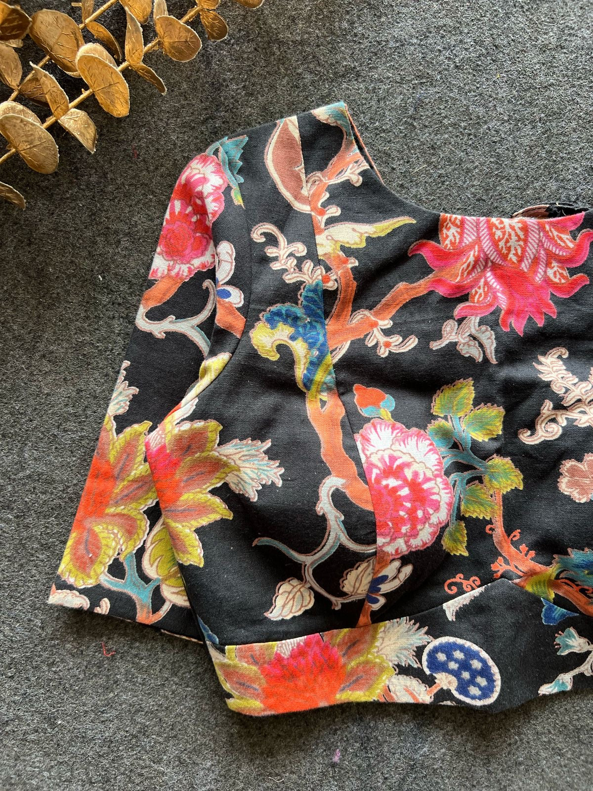 Black floral printed cotton blouse
