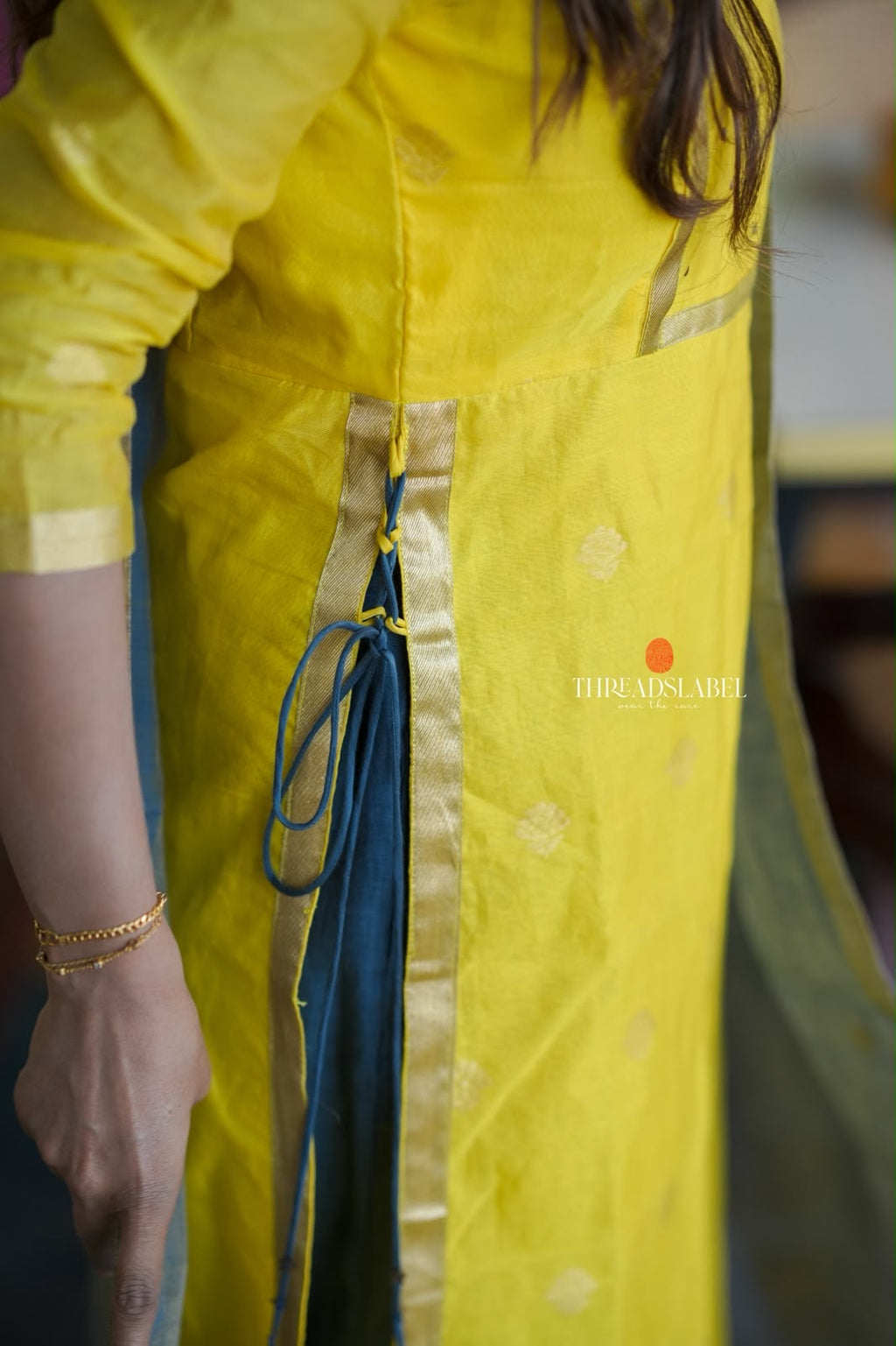 Yellow & blue chanderi 3 piece kurti
