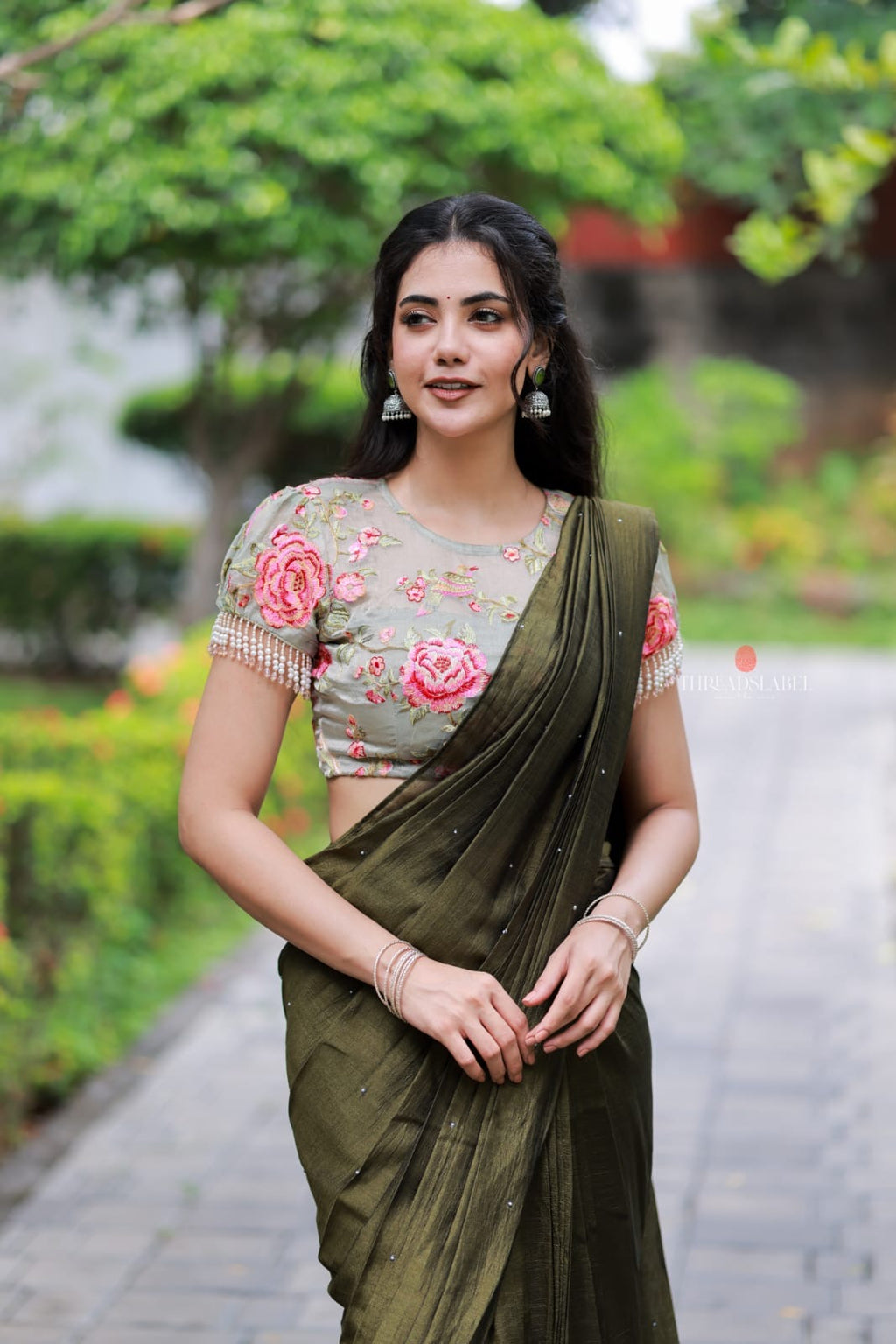Bottle green Marble Saree with Handwork Blouse