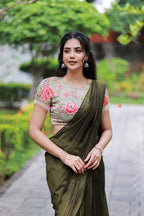 Bottle green Marble Saree with Handwork Blouse