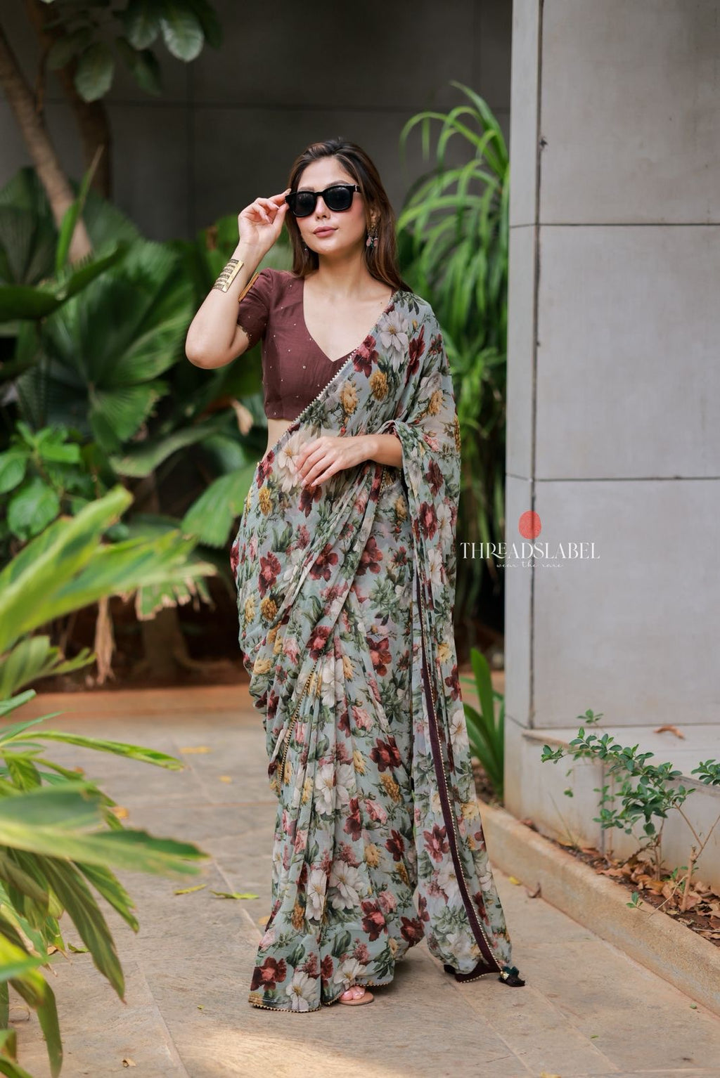 Sage green floral chiffon saree with hand work blouse