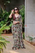 Sage green floral chiffon saree with hand work blouse