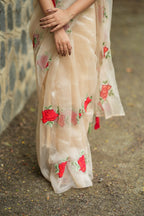 Glossy organza saree with red embroidery blouse