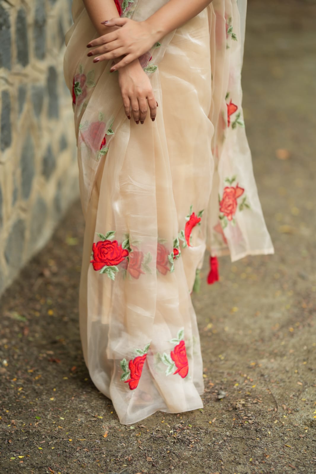 Glossy organza saree with red embroidery blouse