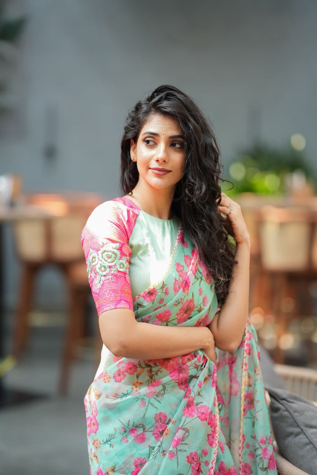 Pista floral organza saree with hand work blouse