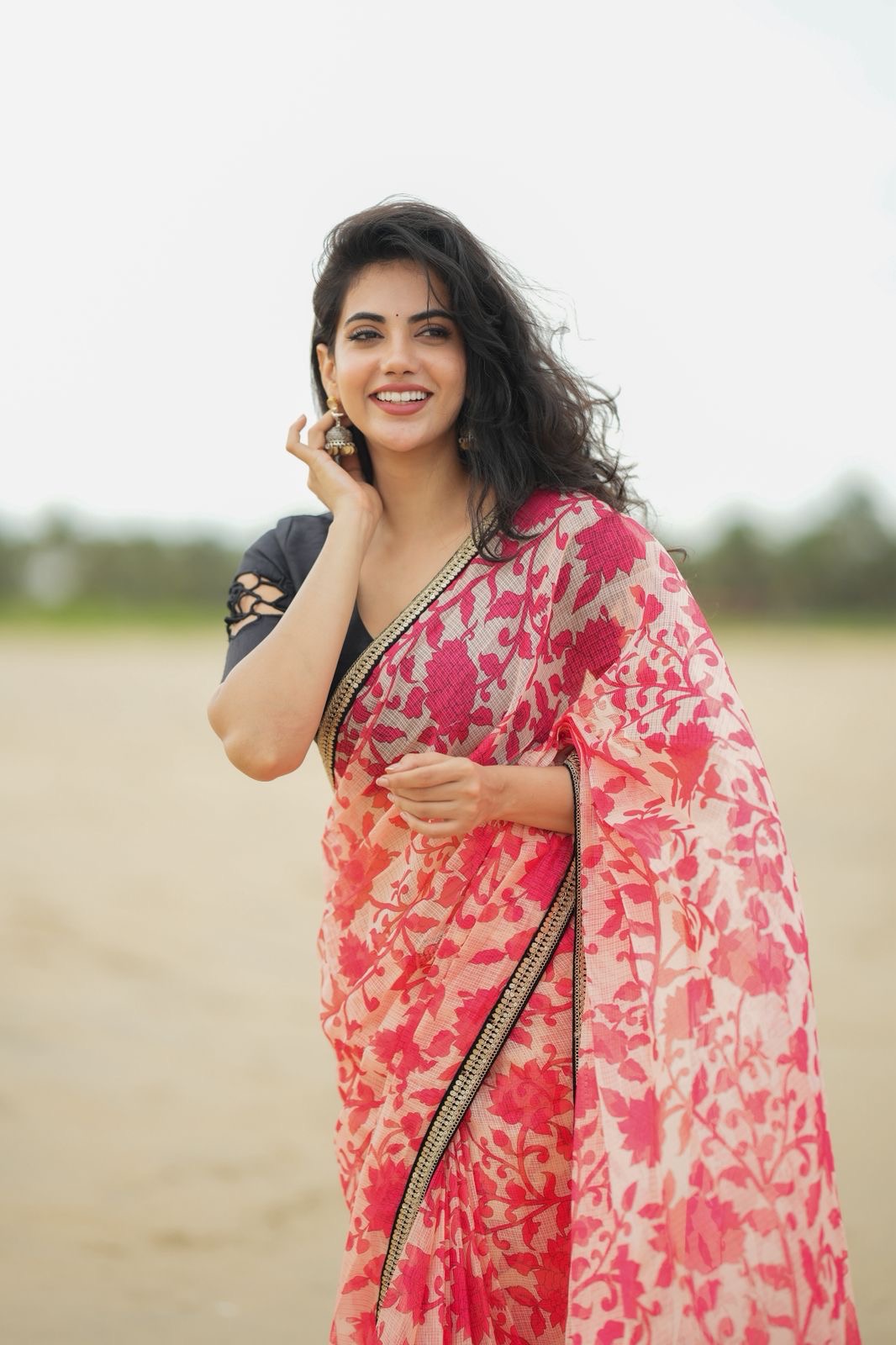 Cream red kota saree with silk hand work blouse