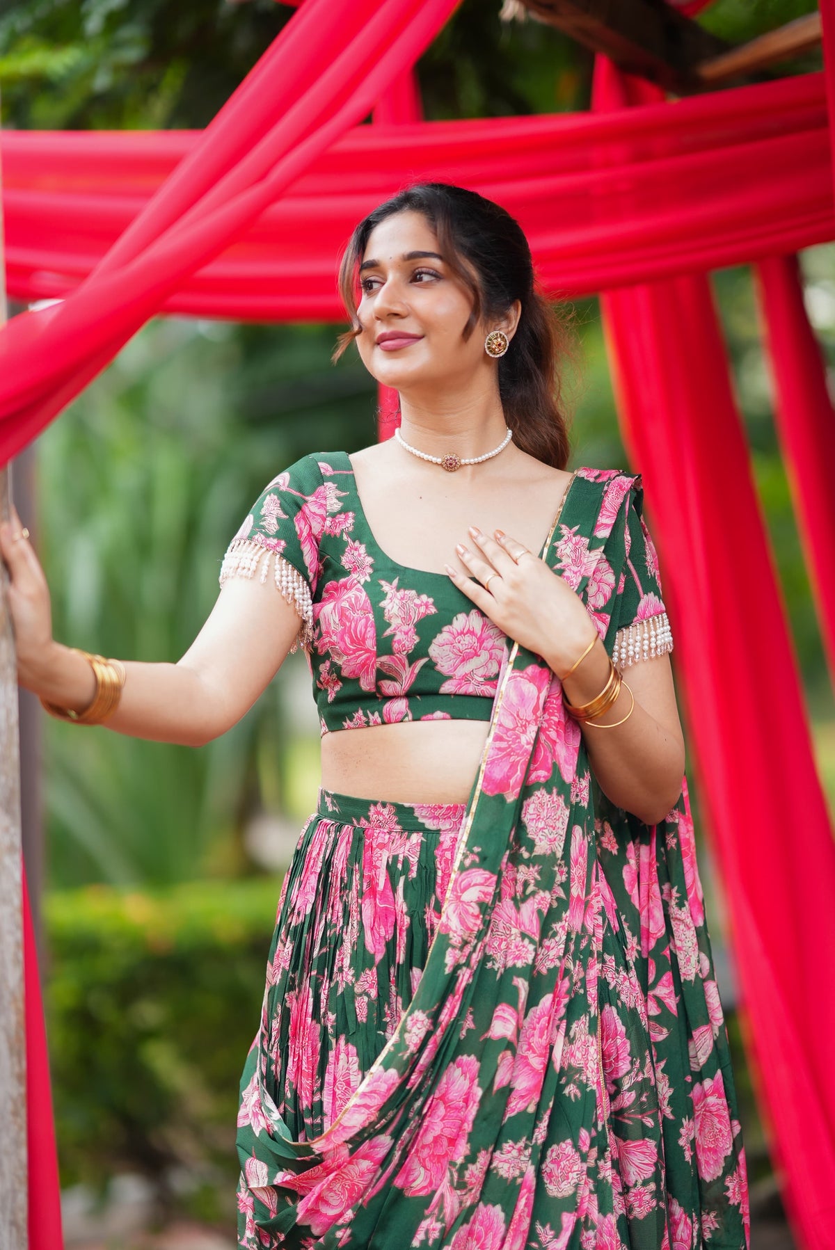 Green floral georgette handwork lehenga