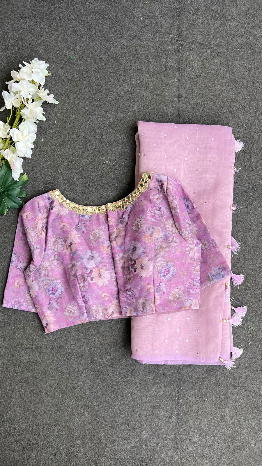 Lavender georgette mirror floral blouse(only blouse)