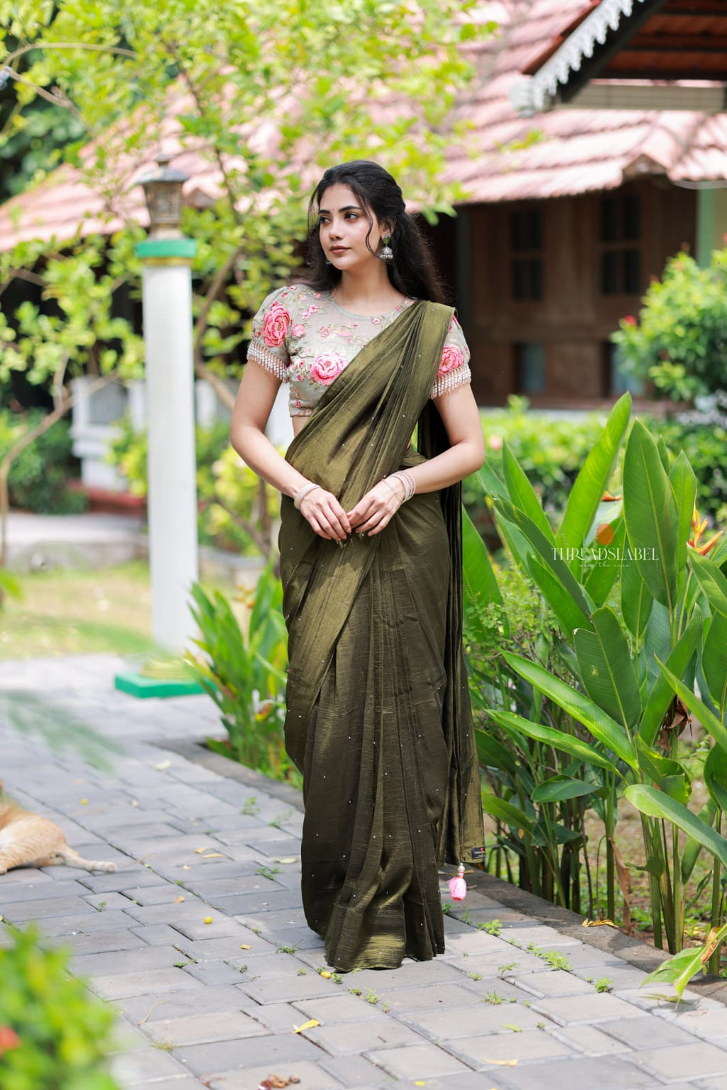 Bottle green Marble Saree with Handwork Blouse