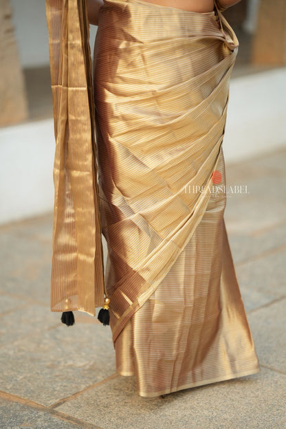 Golden tissue saree with black hand work blouse