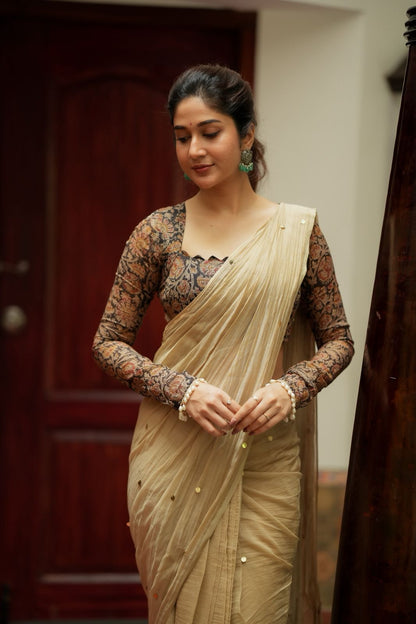 Cream malai chanderi saree with Ajrak print blouse