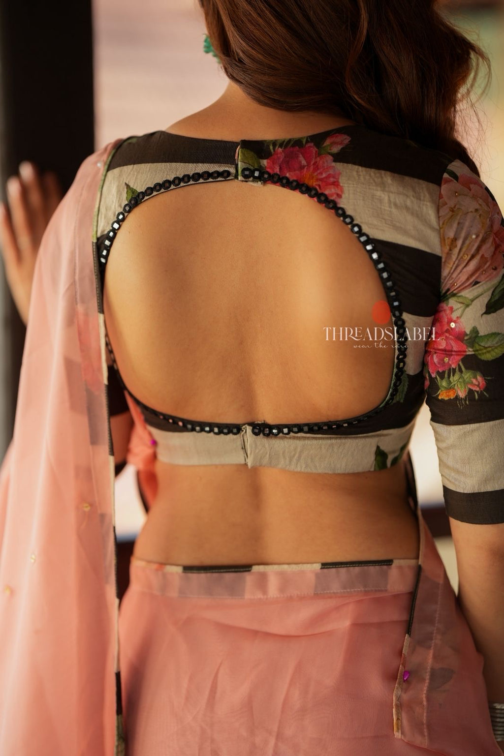 Peach organza saree with chanderi mirror blouse