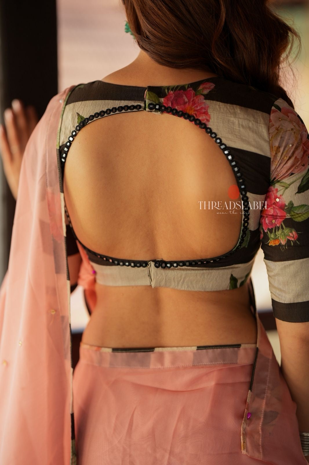 Peach organza saree with chanderi mirror blouse