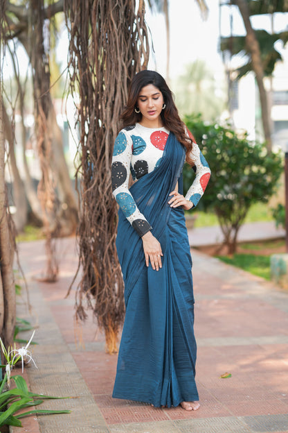 Blue mul chanderi saree with embroidery ajrak blouse