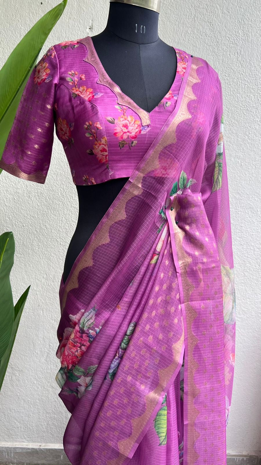 Light megenta kota floral saree with blouse