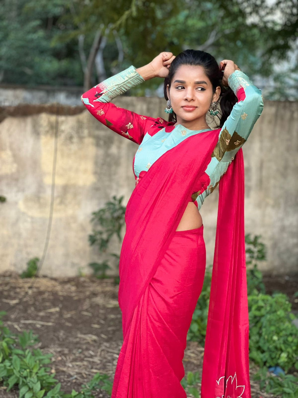 Pink marble silk saree with  embroidery blouse